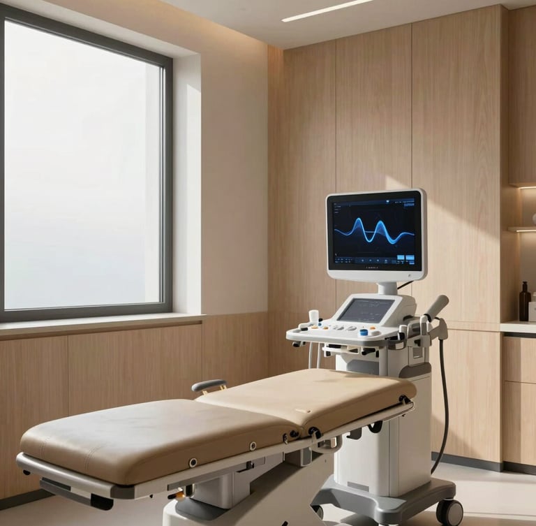 Minimalist clinical interior of a high-end ultrasound room, warm natural light from a large window on the left, comfortable leather examination table, sleek diagnostic monitor showing clean abstract blue waves, no people, architectural symmetry, premium materials like brushed aluminum and light oak wood.