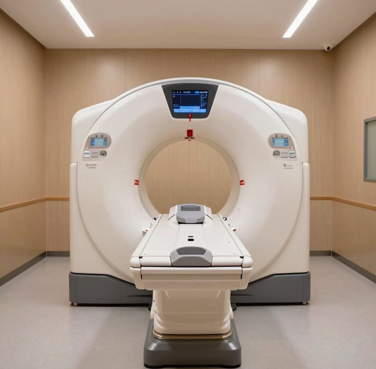 Symmetrical architectural shot of a clinical scanning room, soft warm titanium walls, a modern CT scanner with brushed aluminum details in the center, indirect ambient light, no people.