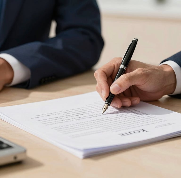 Close-up of hands signing legal documents with an elegant fountain pen on a warm sand surface, soft natural daylight, shallow depth of field