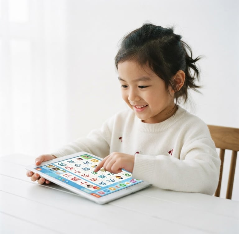 Bright editorial photography, soft natural daylight, clean white background, a child interacting with a tablet displaying colorful Chinese characters, crimson accents, shallow depth of field.