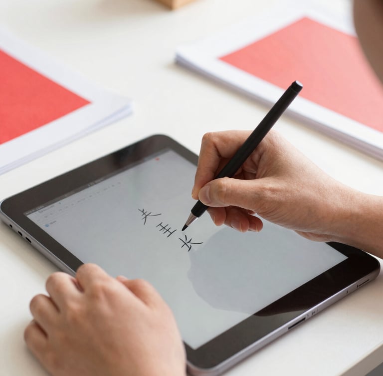Close-up of hands tracing Chinese characters on a digital tablet, clean flat-lay of educational materials, bright natural daylight, crimson accents, shallow depth of field