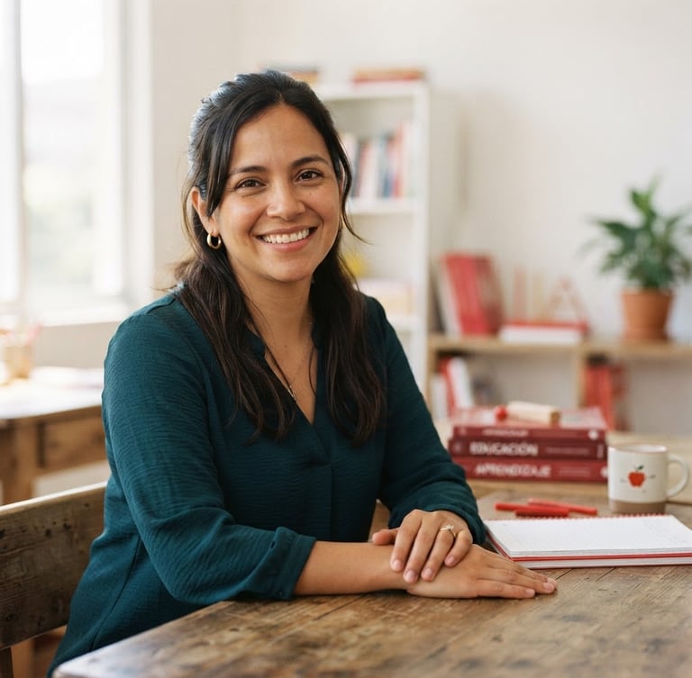 Portrait of educator María Gabriela Hernández Terranova in a bright, naturally lit room, smiling warmly, with subtle crimson red learning materials on a wooden desk in the soft focus background, editorial 35mm photography.
