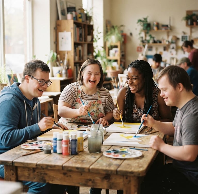 A warm, sunlit interior of a community hub where a small group of diverse individuals with special needs are laughing and painting together at a wooden table, soft natural daylight, shallow depth of field, authentic human connection.