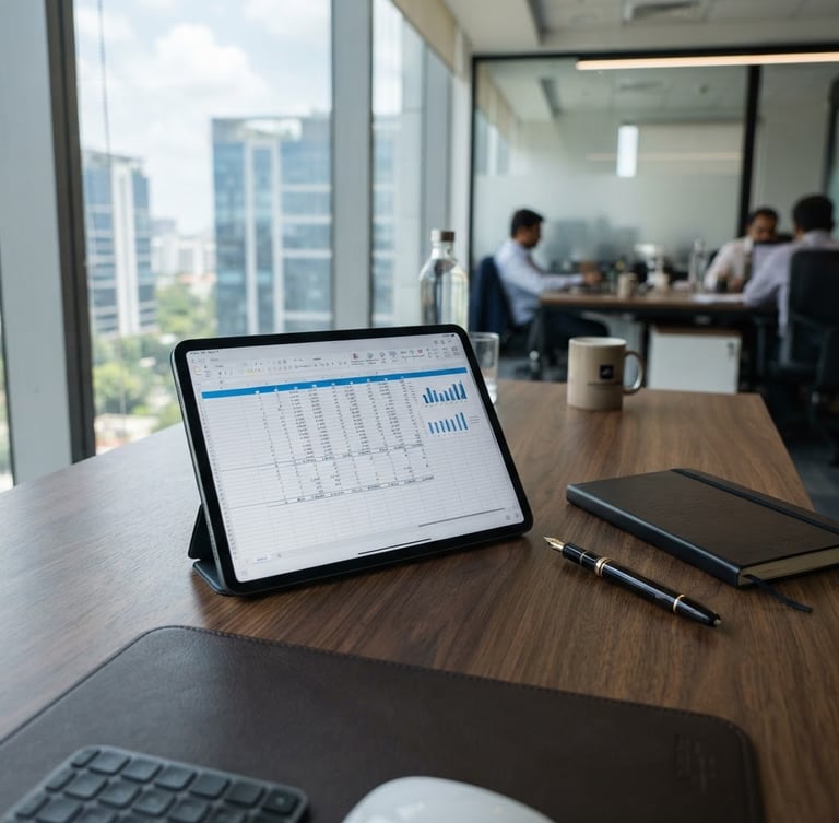 An organized modern corporate workspace in Bengaluru, natural daylight, a tablet displaying a clean financial spreadsheet next to a fountain pen on a dark oak desk, 35mm, professional editorial.