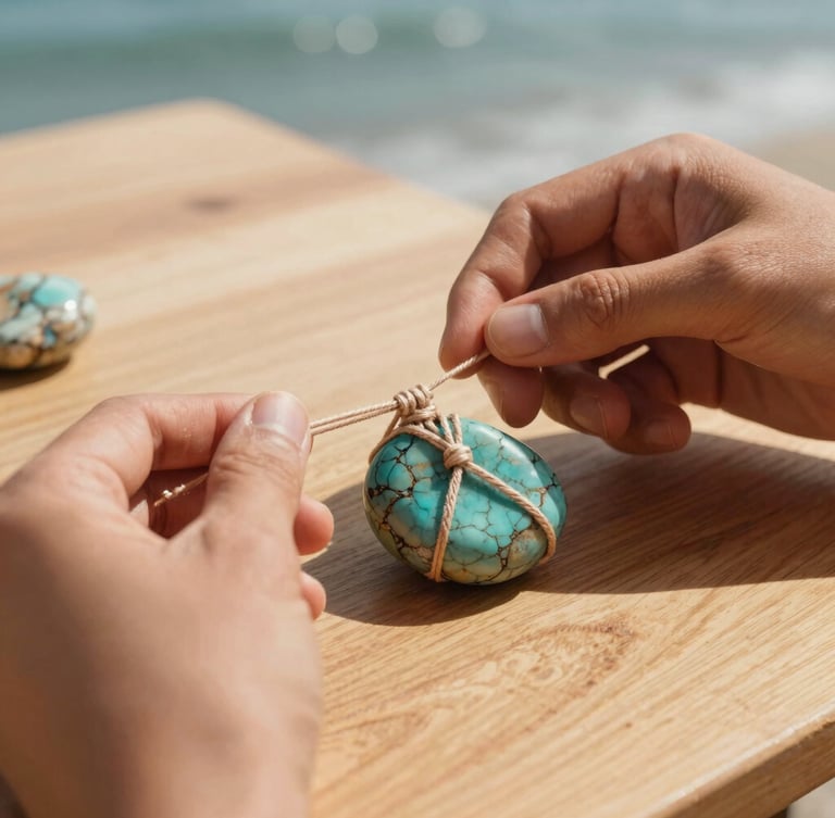 Hands of an artisan weaving intricate micromacramé threads around a raw turquoise stone, warm direct sunlight, dramatic shadows, sandy wood table.