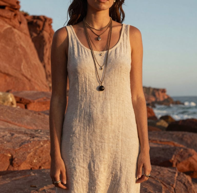 Medium environmental shot of a woman in a simple linen dress wearing multiple layered Dos Manos necklaces and rings, standing against the dramatic red cliffs of Baja California Sur, golden hour.