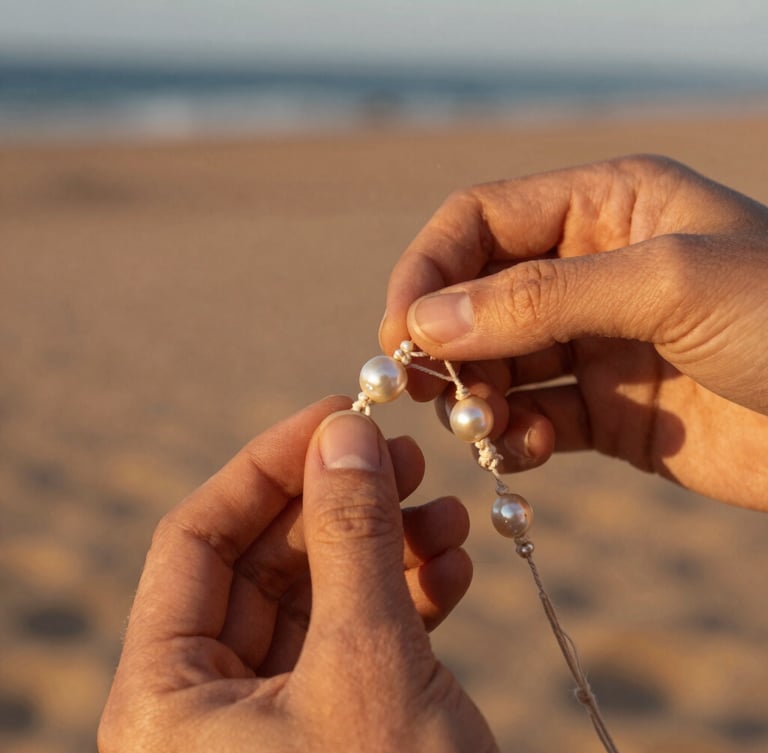 Hands of an artisan carefully weaving intricate micromacramé threads around a raw Sea of Cortez pearl, warm golden hour sunlight, soft desert shadows, macro focus on textures.