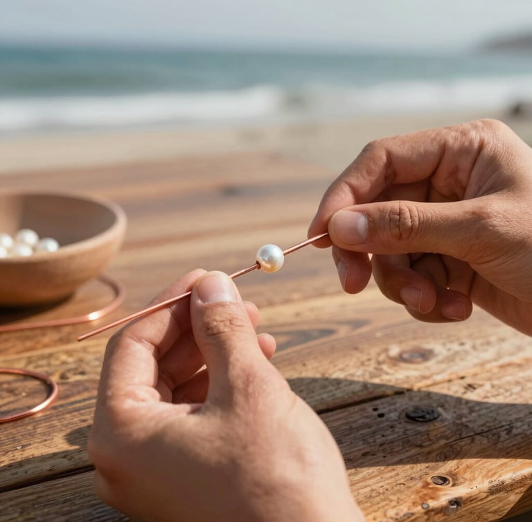 Close-up of artisan hands holding raw copper wire and a local pearl, natural sunlight casting soft shadows on a rustic wooden table, warm editorial style.
