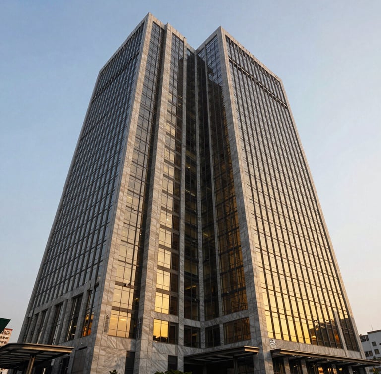 Architectural wide angle of a modern financial headquarters in Mumbai, soft golden hour window light reflecting on glass and marble facades, 35mm editorial photography, deep navy and warm gold tones