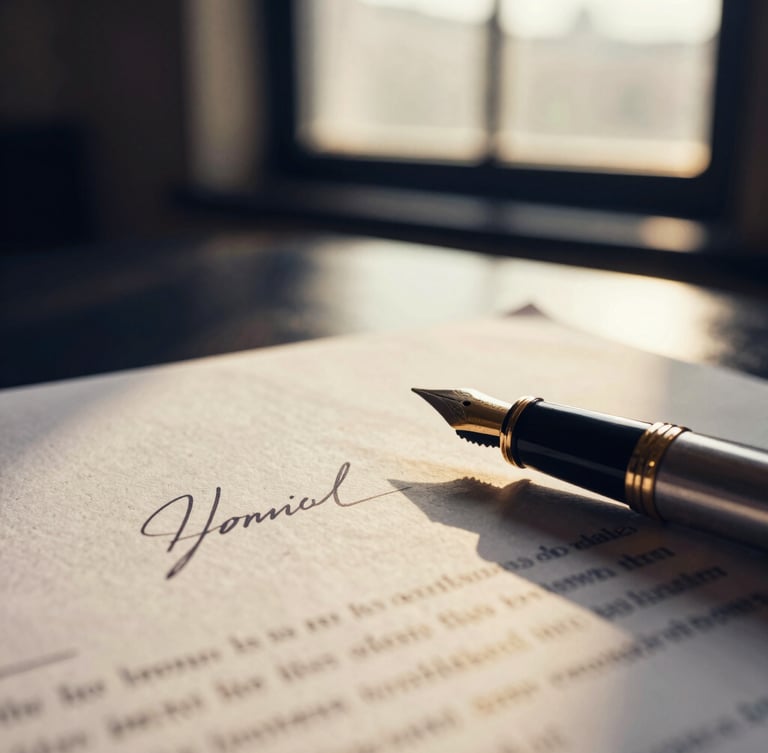 Macro close-up of a signed financial contract on heavy textured cream paper, elegant fountain pen resting on the side, soft golden hour window light.
