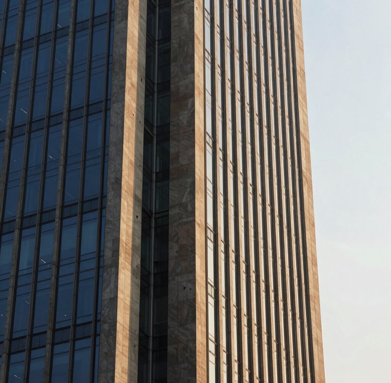 Architectural detail of a modern concrete and steel financial tower in Mumbai, sharp angles, soft golden hour sunlight reflecting off glass panels, 35mm