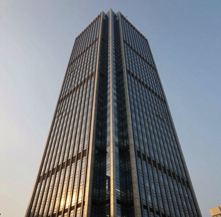 Architectural wide angle of a modern financial tower in Mumbai at golden hour, soft light reflecting off steel and glass, deep blue and gold tones, 35mm photography