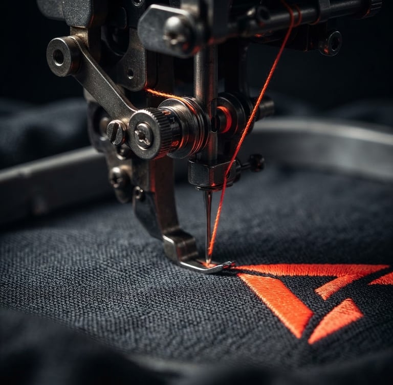 Tight macro shot of neon-orange thread feeding into an industrial embroidery machine, high-contrast studio lighting, rich dark charcoal background, sharp focus on fabric fibers.