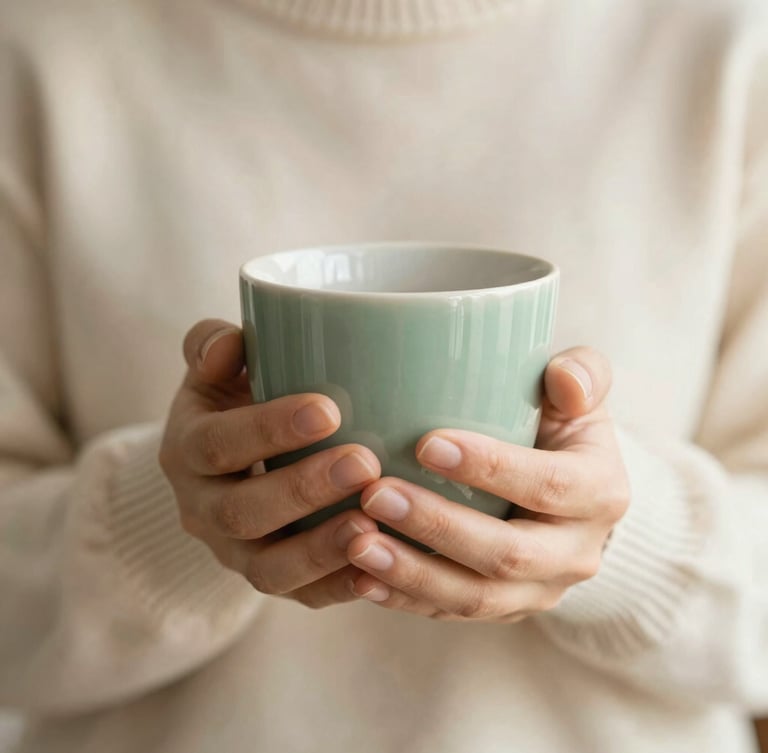 close-up of hands gently holding a warm ceramic cup, soft knit sweater, warm morning light, shallow depth of field, cream and sage tones