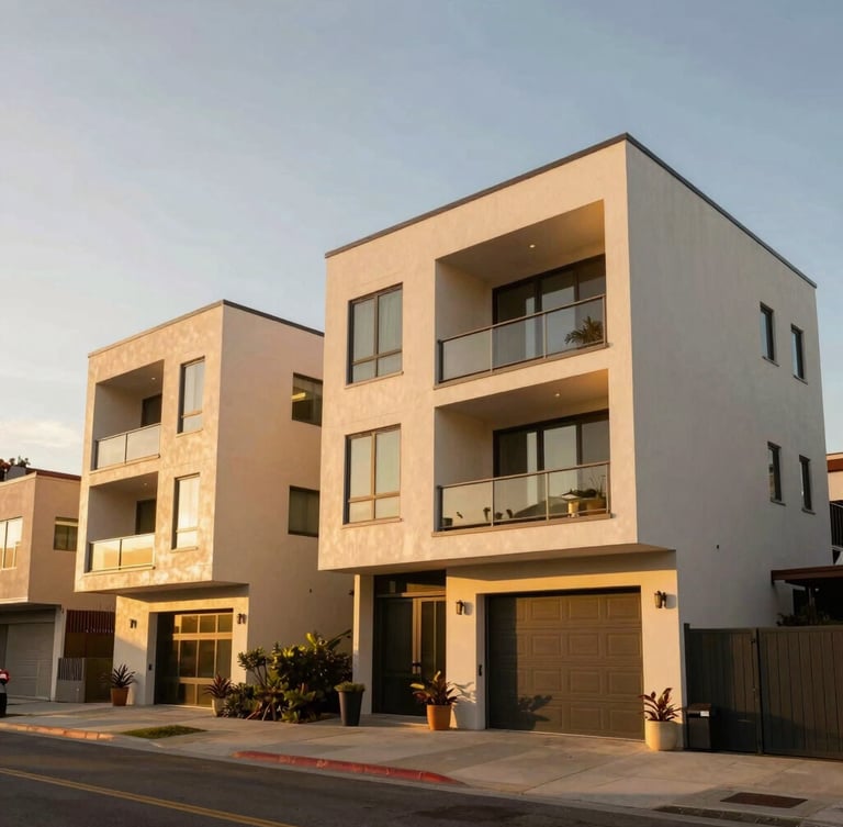Wide-angle architectural shot of a modern Manhattan Beach triplex at golden hour, clean geometric lines, warm coastal daylight, high-end real estate