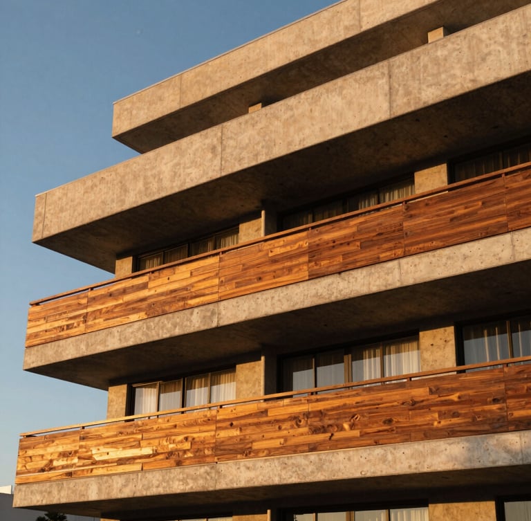 Close-up of a modern architectural concrete and wood duplex exterior in Manhattan Beach, warm Southern California golden-hour light