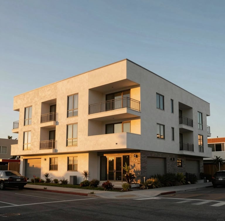 Wide-angle architectural shot of a modern multi-family duplex in Manhattan Beach, clean geometric lines, warm California golden-hour light