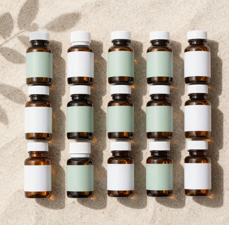 Overhead flat-lay of clean amber glass supplement bottles arranged neatly on a light sand surface, soft botanical shadows, clinical daylight