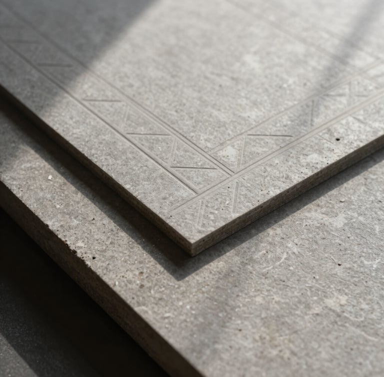 A sharp close-up of heavy-weight stone gray paper stock with embossed geometric grid lines, deep directional shadows from natural light, architectural alignment.