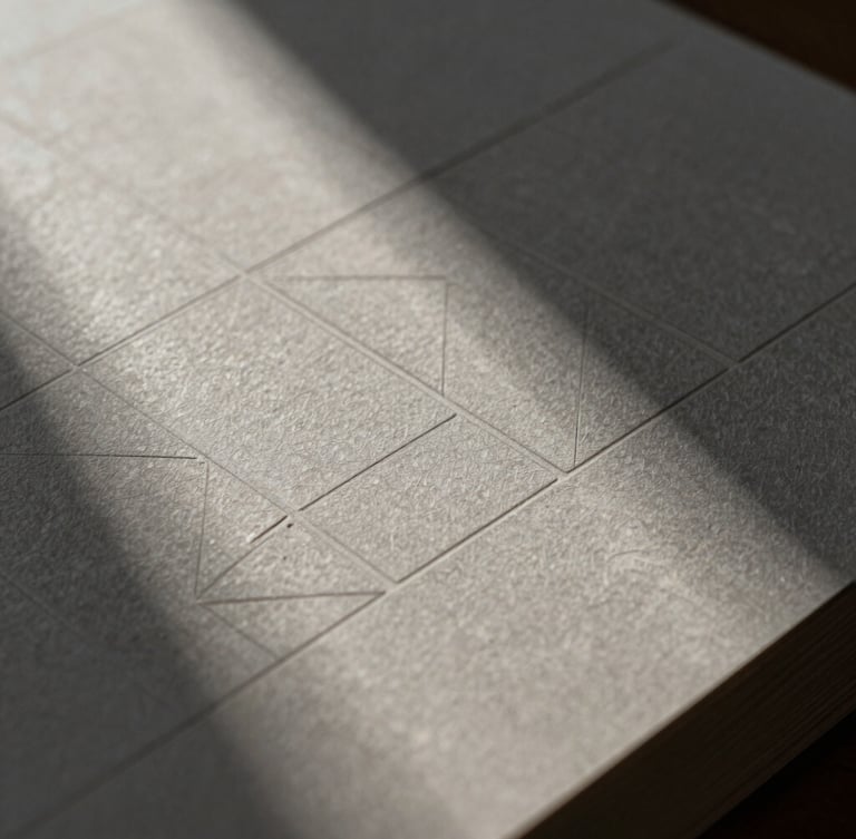 Extreme close-up of heavy stone-gray paper stock with embossed geometric grid lines, sharp directional side-light creating deep shadows, focusing on tactile texture.