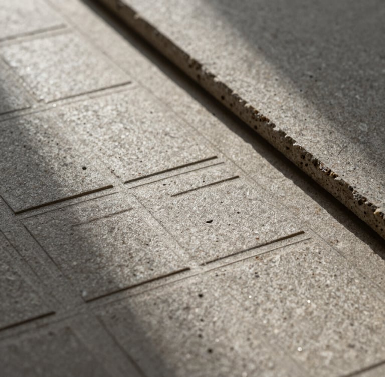 Extreme close-up of heavy stone textured paper collateral with blind debossed geometric grid alignment lines, sharp directional shadows