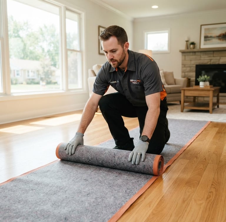 Technician in clean uniform laying down protective floor coverings inside a bright Peoria living room, natural window light, sharp focus, 35mm lens