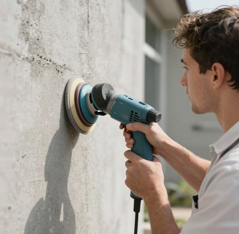 Close-up of a professional painter in a clean uniform carefully preparing an exterior concrete wall surface, using modern sanding equipment, bright daylight.