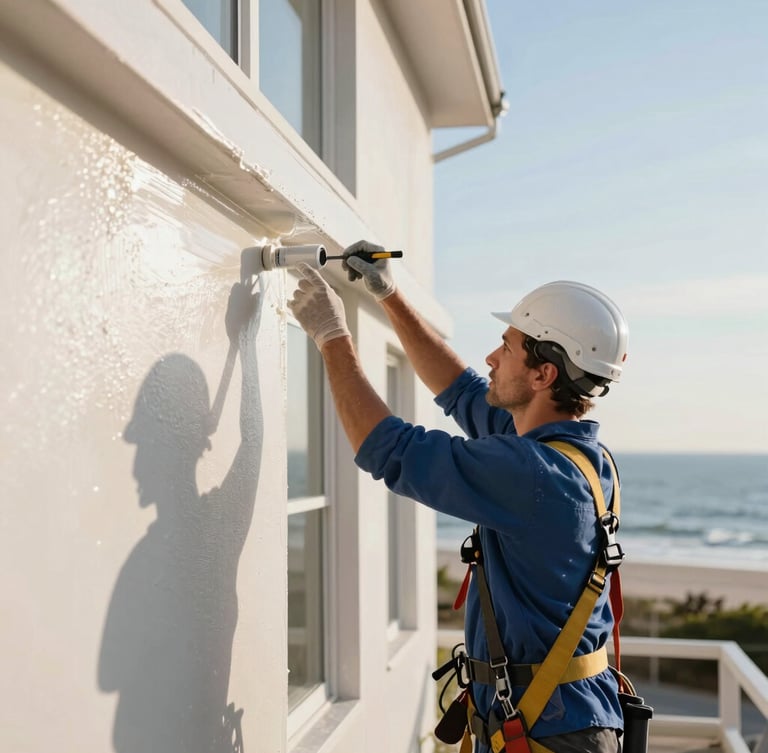 Close-up of a professional painter in uniform and safety harness applying an elastomeric protective coating to a coastal building facade, bright morning sunlight, clean lines.