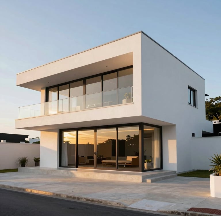 Wide shot of a modern luxury coastal house in Bertioga, clean white walls, golden hour sunlight reflecting off high-end architectural paint, sharp edges