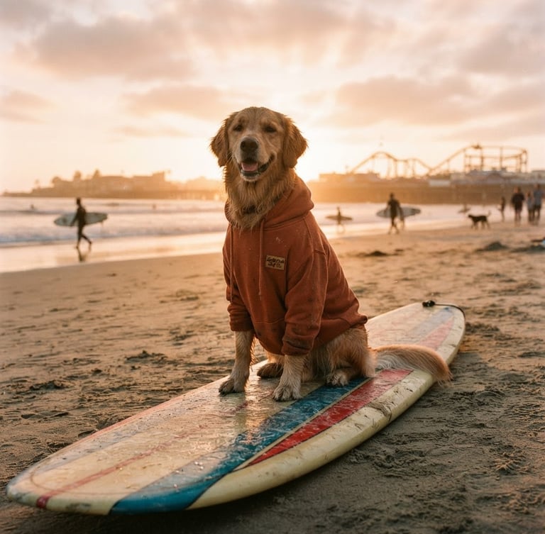Low-angle warm analog film photograph of a golden retriever wearing a burnt orange dog hoodie sitting on a surfboard on a hazy Santa Cruz beach, golden hour light, 35mm lens.