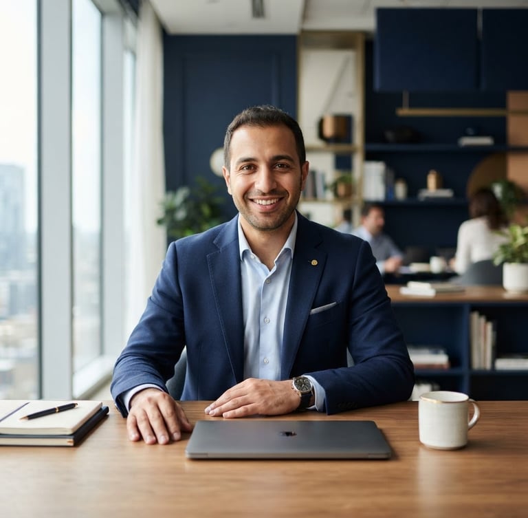 Professional environmental portrait of Amin Rafiki in a bright, modern office setting, looking directly at the camera with a confident, welcoming smile, soft natural daylight, deep navy and subtle gold tones in the background, 50mm lens, shallow depth of field.