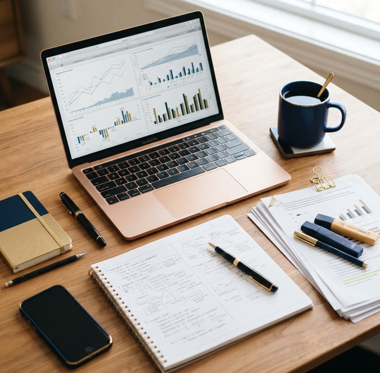 An overhead flat-lay of structured study materials, organized academic notes, a laptop showing statistical data charts, and a clean coffee cup, bright daylight, gold accents.