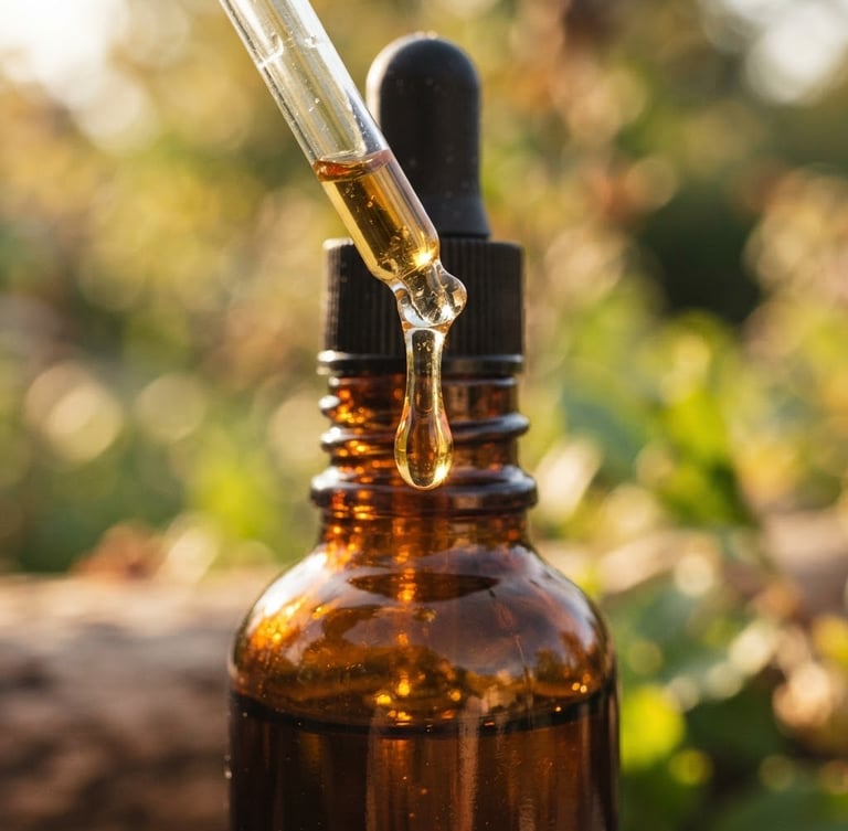 Macro close-up of an amber glass dropper bottle catching crisp morning sunlight, thick serum droplet suspended at the tip, shallow depth of field, centered composition.