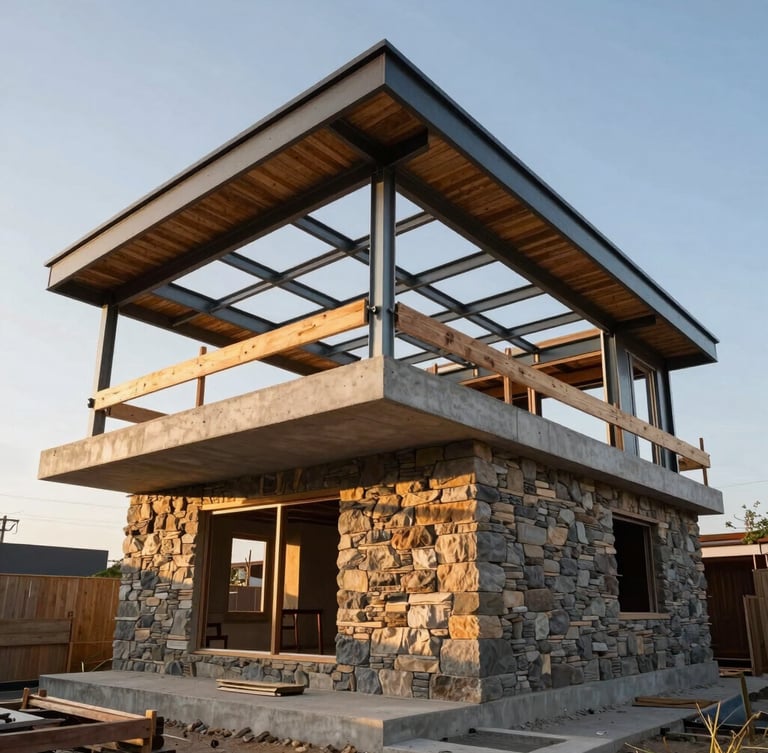 Low-angle architectural photography of a custom modern residence under construction, showing heavy-duty steel framing and concrete slabs against a clear sky.