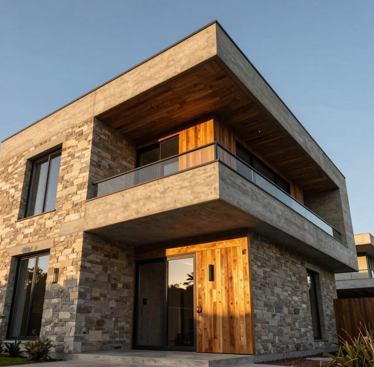 Low-angle architectural elevation of a modern luxury concrete and timber home facade, warm golden-hour sunlight, rich stone textures, wide-angle lens, high-end residential, 35mm