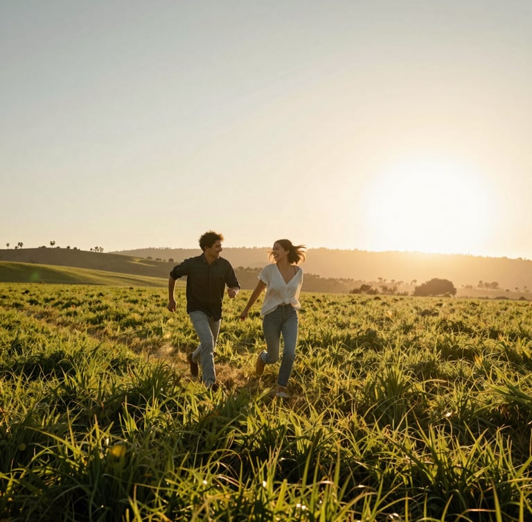 Wide panoramic shot of a young couple running through a sun-drenched Southern California field at golden hour, warm light flare, authentic laughter, backlighting.
