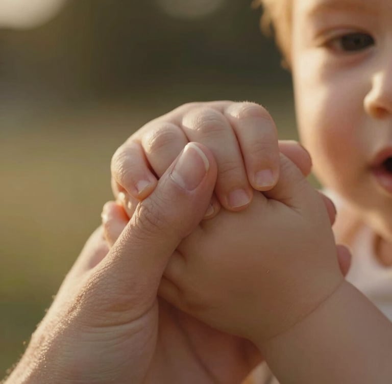Extreme close-up of a toddler's small hand gently holding their mother's thumb, shot in warm golden hour backlight with soft focus background.