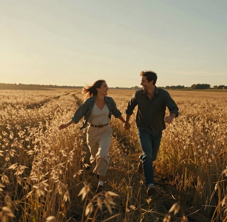 Wide environmental golden hour shot of a couple running laughing through a wild oat field, warm low-angle backlighting casting long shadows, cinematic frame
