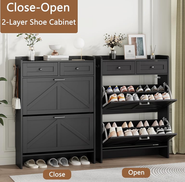Elegant black shoe rack with hidden flip drawers, perfect for keeping shoes tidy in living room or h