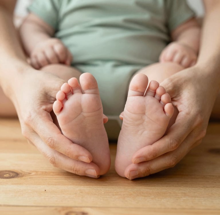 Detail of a mother's hands gently supporting a baby's bare feet on a warm wooden floor, soft natural daylight, shallow depth of field