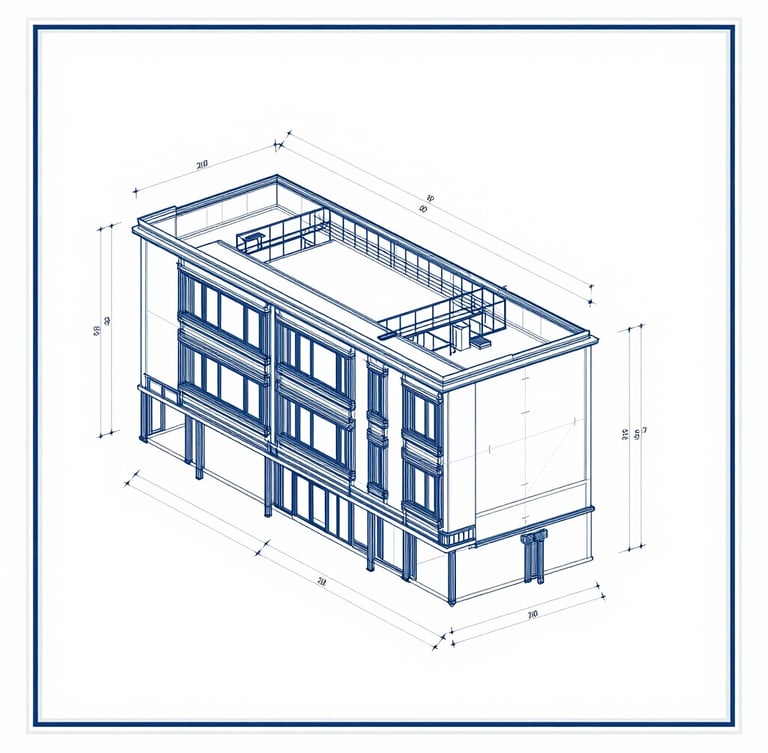 Clean architectural technical drawing, orthographic projection of a detailed building junction, Revit sheet layout with blueprint borders, desaturated blue and white tones.