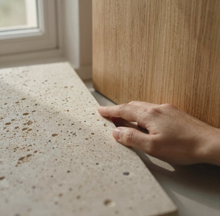 Close-up detail of tactile materials, a hand gently touching a rough travertine stone surface next to brushed oak wood, soft warm morning light, editorial styling.