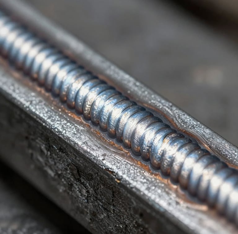 Macro close-up of a clean, unpainted TIG weld bead showing the perfect stack of dimes texture on raw gray steel, high-contrast side-lighting highlighting metallic ridges.