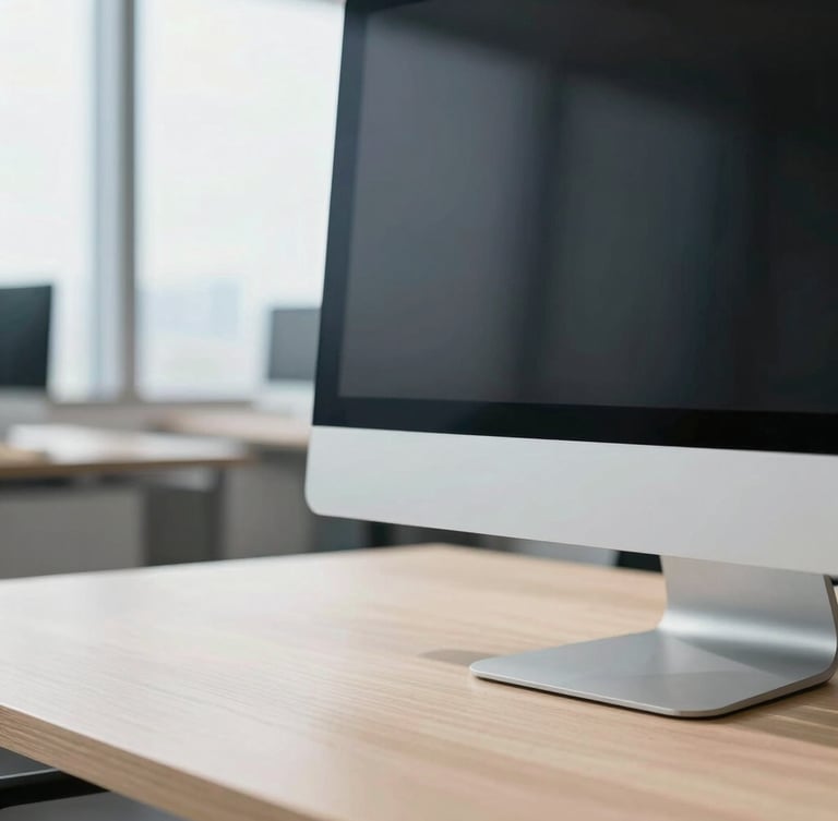 Macro detail shot of a sanitized modern office desk, sleek aluminum monitor and clean wood surface in sharp focus, bright natural morning light