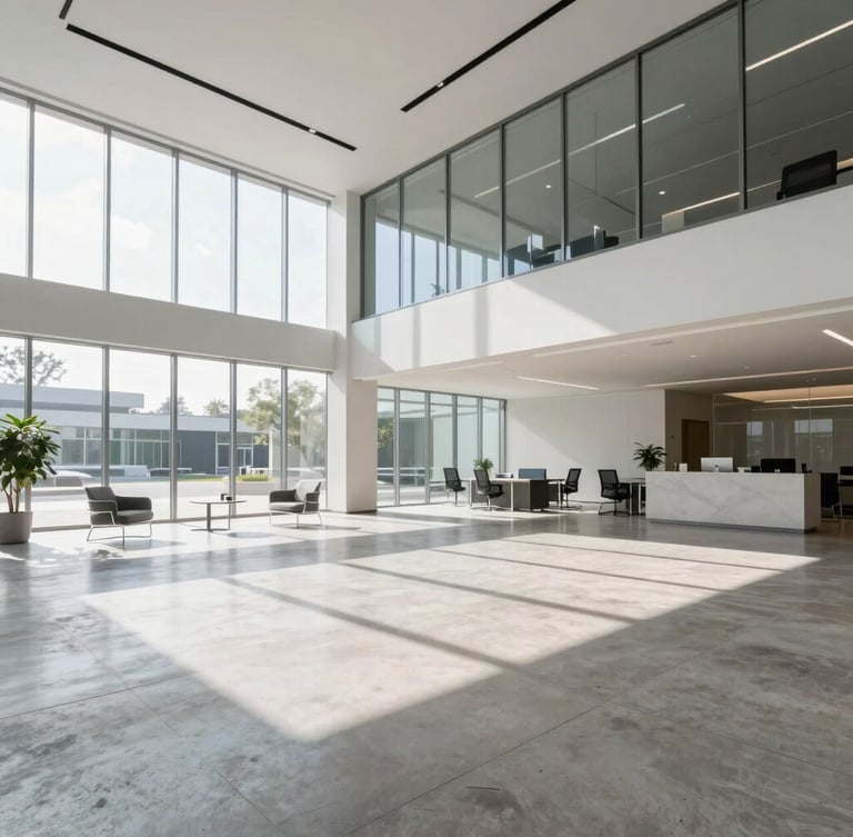 Wide architectural angle of a bright modern corporate office lobby, clean concrete floors, morning daylight, sharp shadows.