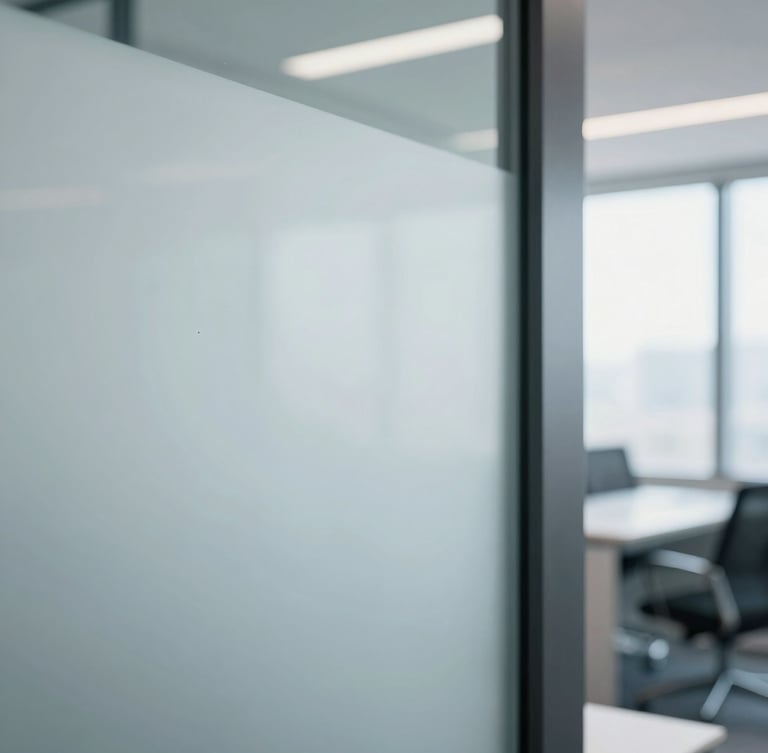 Sharp macro detail of a pristine, dust-free glass partition in a modern office, bright natural light, crisp cool tones