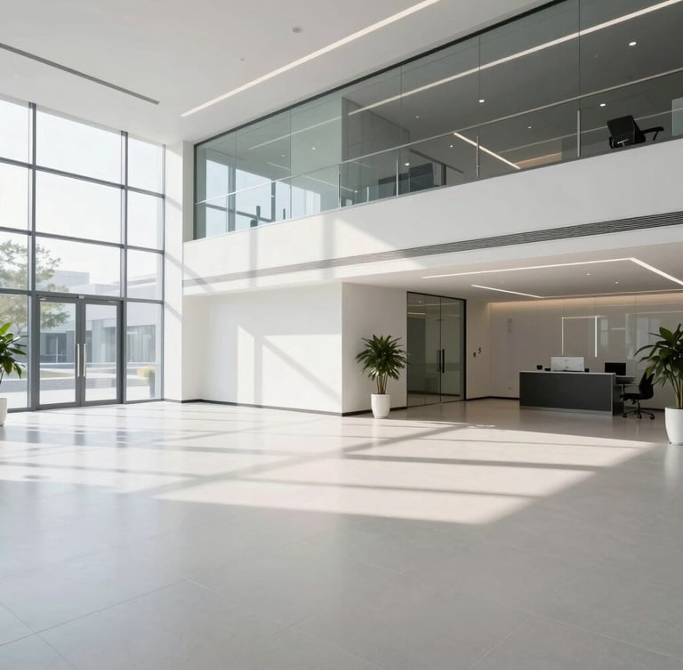 Wide architectural angle of a pristine, empty modern corporate lobby in bright morning daylight, clean shadows, crisp cool tones