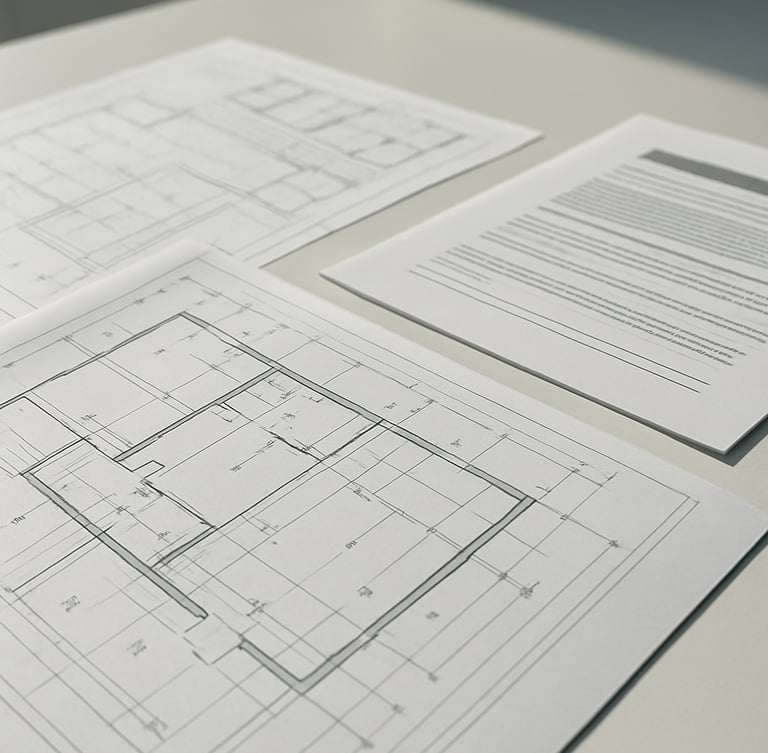 A close-up of physical blueprints and structured compliance documentation on a clean desk under bright daylight.