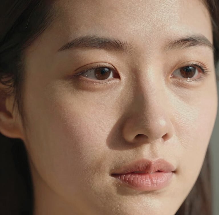 Macro close-up portrait of healthy, radiant skin texture in soft, natural daylight, unretouched and authentic, highlighting natural skin health.