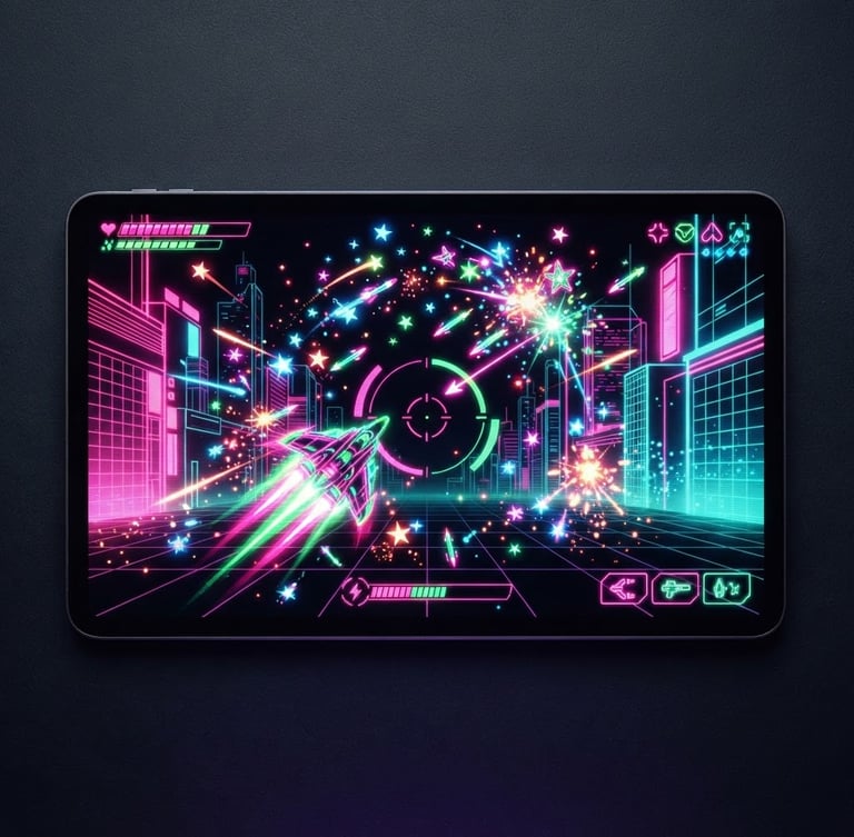 Direct flat-lay device mockup showing a vibrant retro-modern game interface with neon pink and green accents, uncropped gameplay frame, high-contrast digital backlighting